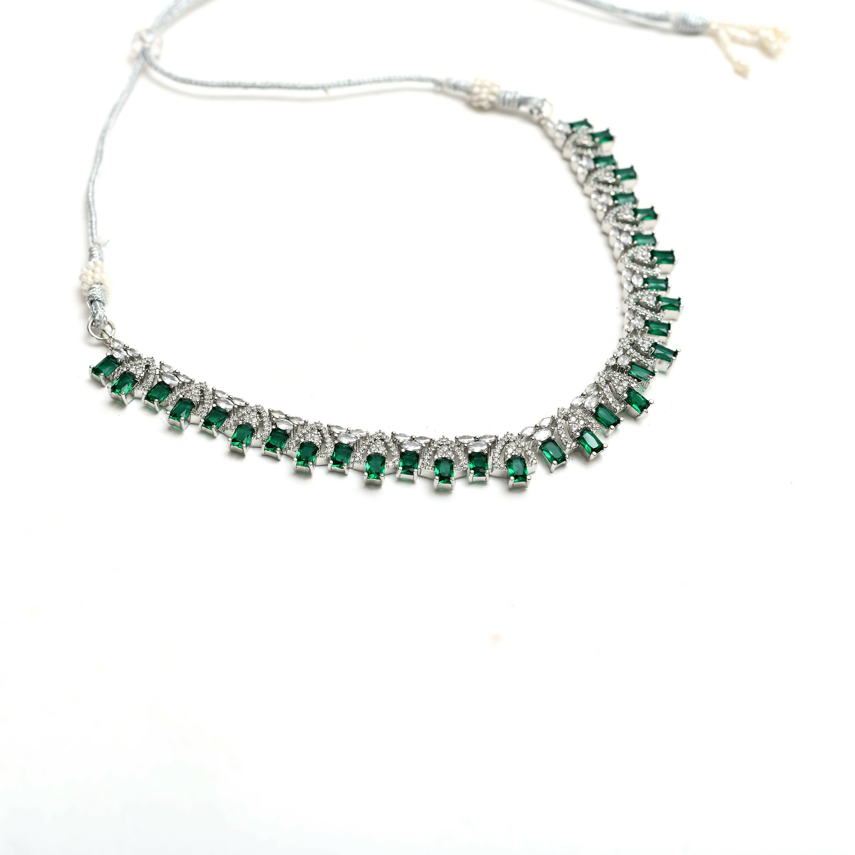 Silver-Plated American Diamond Green Choker Necklace Set