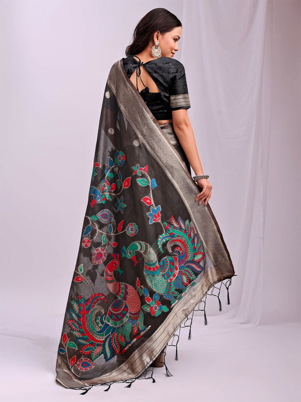 Black Linen Cotton Saree with Matching Blouse Piece
