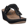 Alani black thong wedge sandals with embellishments and adjustable buckle strap