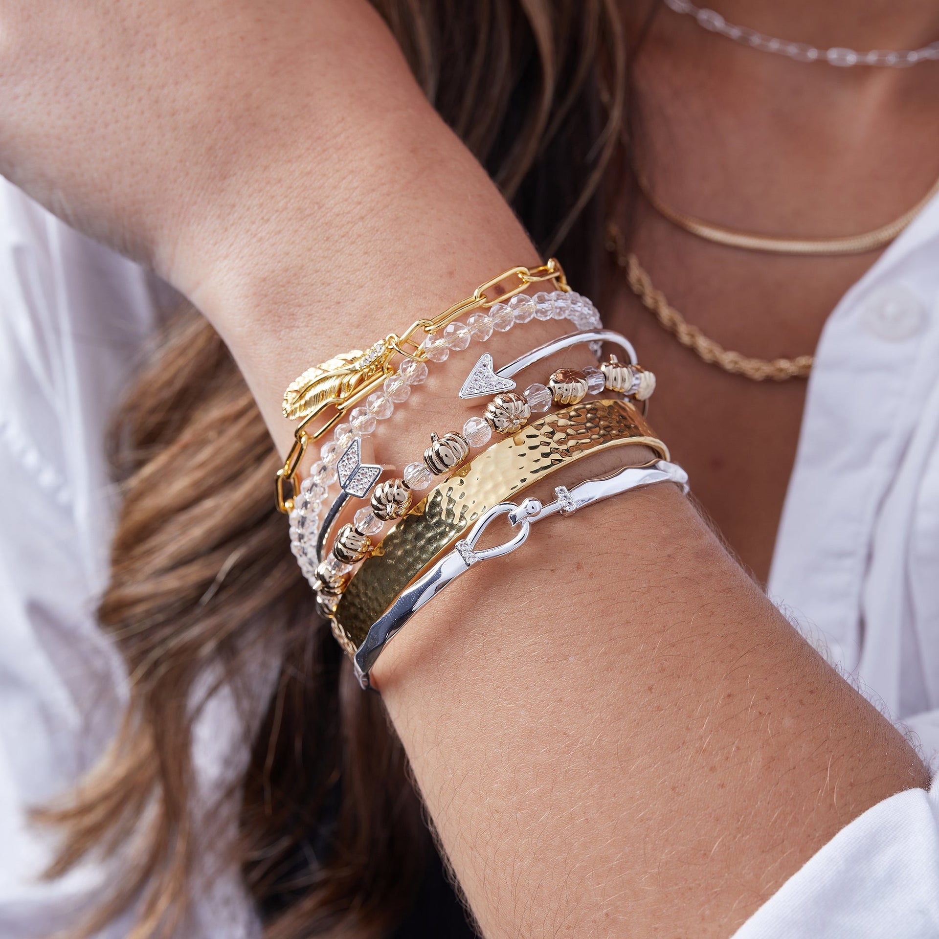 Pumpkin and Crystal Beaded Bangle in Gold and Silver
