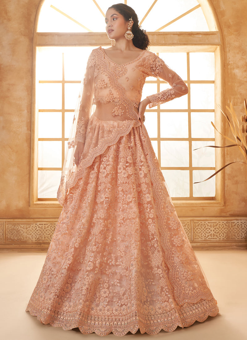 Cream Net Thread Work Lehenga Choli Set for Wedding Guest