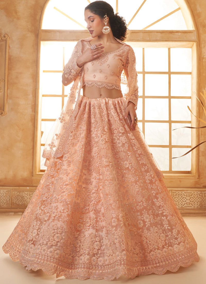 Cream Net Thread Work Lehenga Choli Set for Wedding Guest