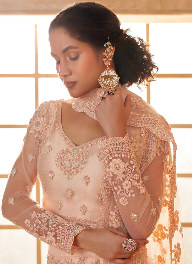 Cream Net Thread Work Lehenga Choli Set for Wedding Guest
