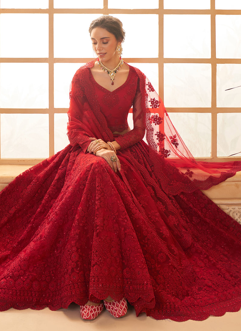 Red Net Thread Work Wedding Lehenga Set with Traditional Flair