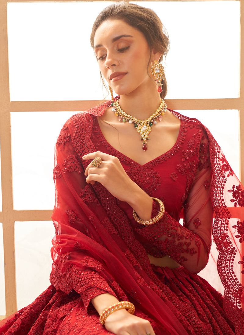 Red Net Thread Work Wedding Lehenga Set with Traditional Flair
