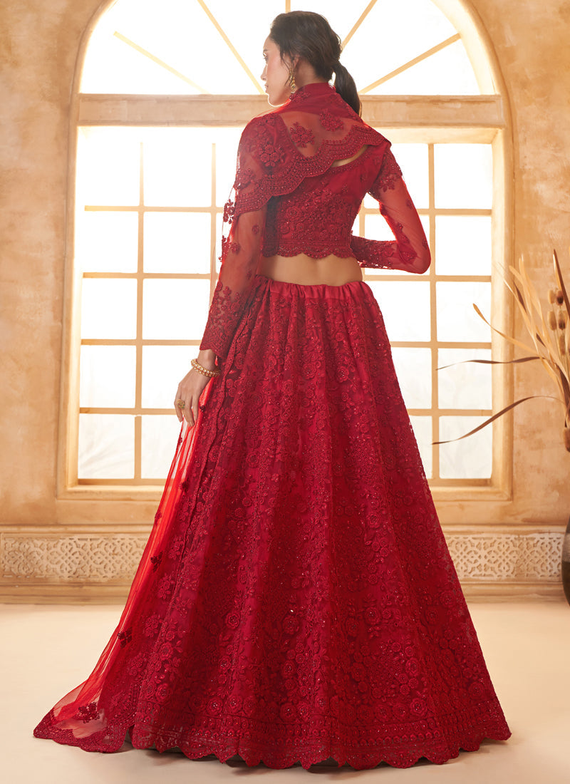 Red Net Thread Work Wedding Lehenga Set with Traditional Flair