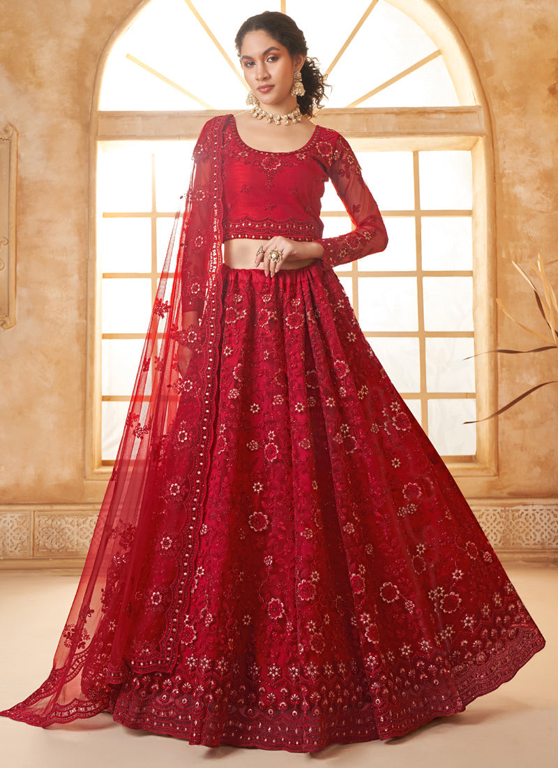 Classic red net wedding lehenga with traditional thread embroidery