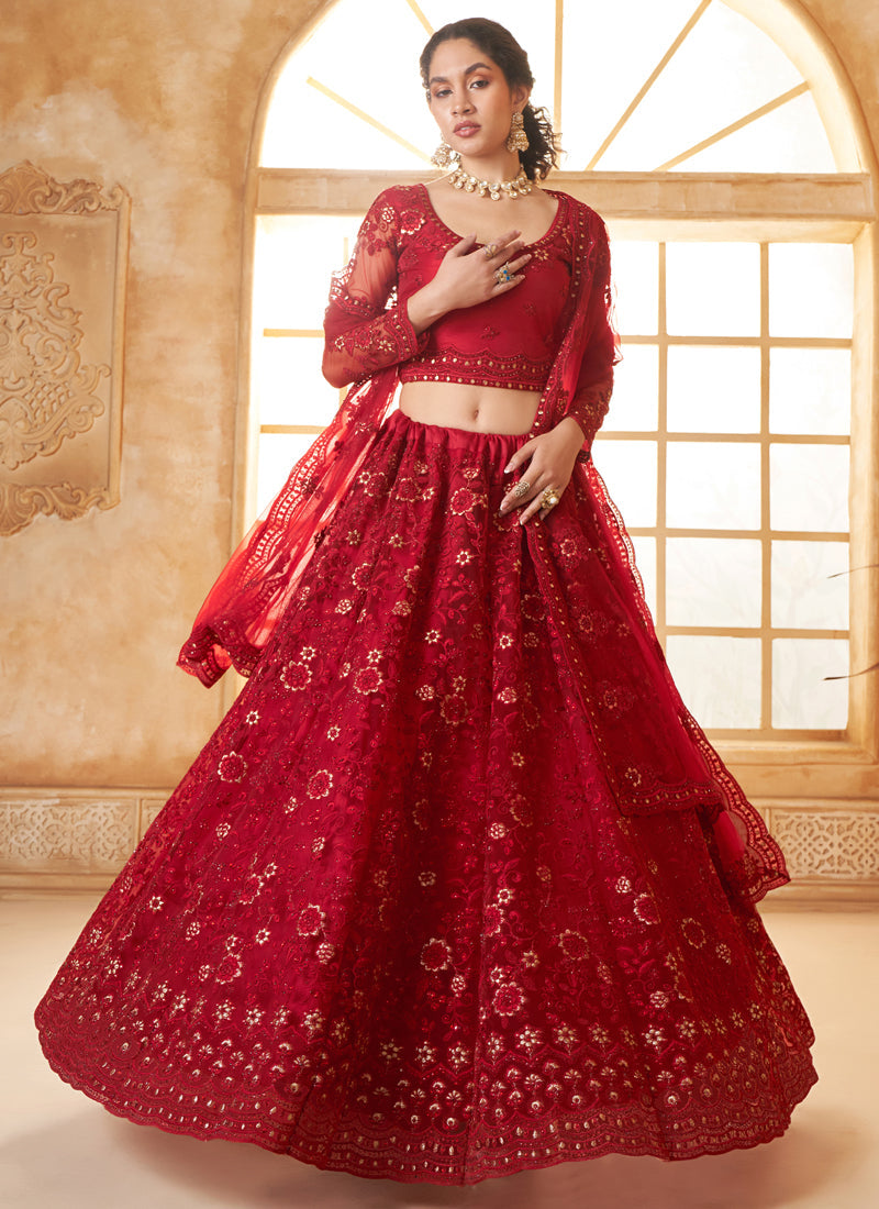 Red Net Thread Work Wedding Lehenga Set