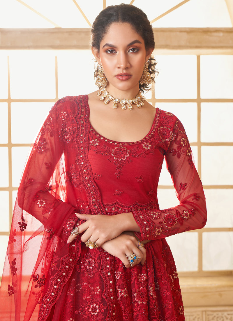 Red Net Thread Work Wedding Lehenga Set