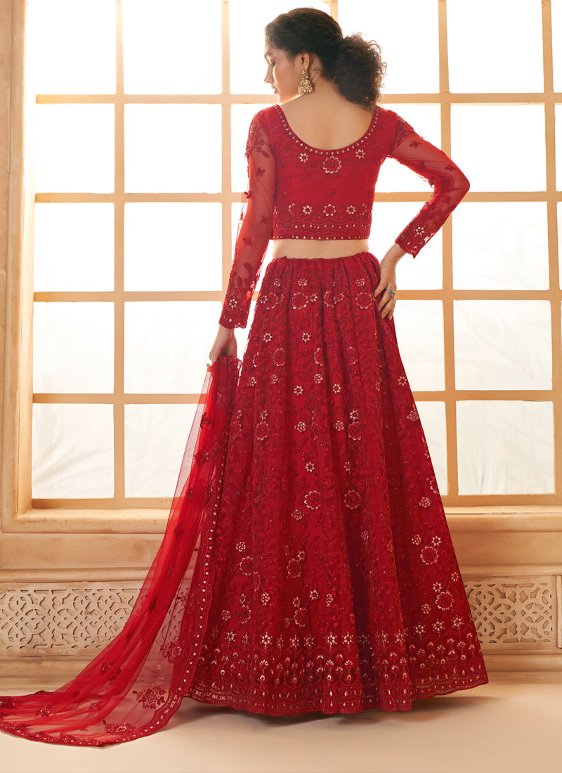 Red Net Thread Work Wedding Lehenga Set