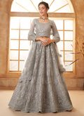 Grey net wedding lehenga featuring delicate thread work and a matching dupatta