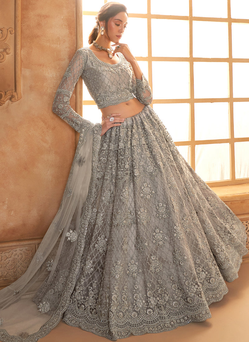 Grey Net Thread Work Wedding Lehenga Choli Set
