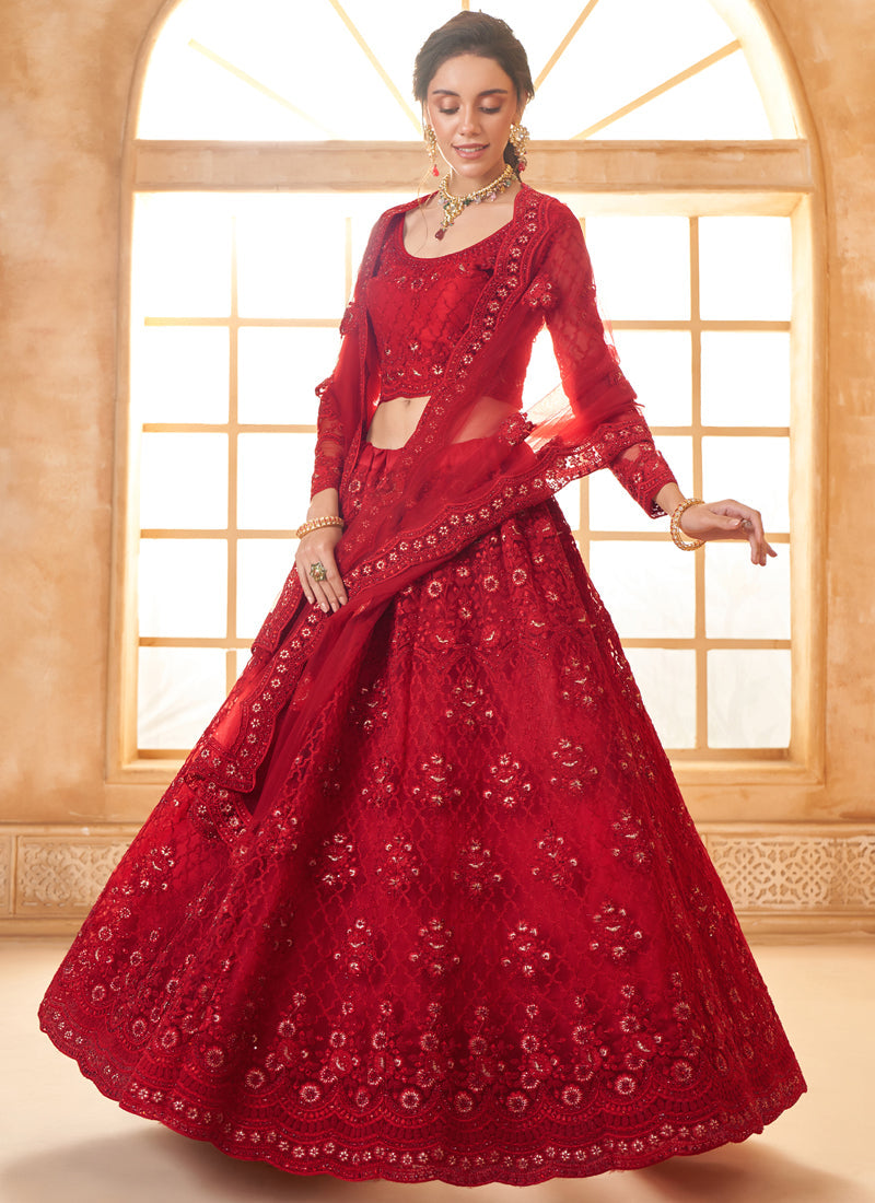 Red Net Thread Work Wedding Lehenga Choli Set