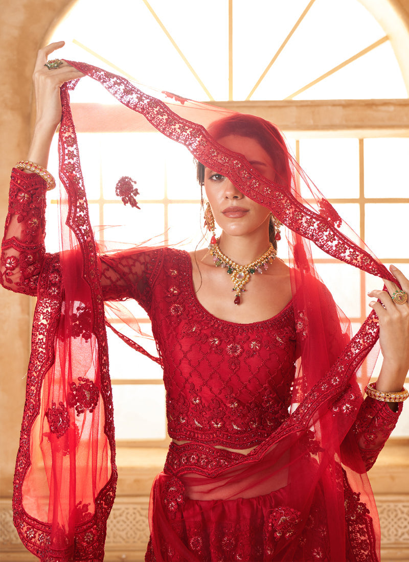 Red Net Thread Work Wedding Lehenga Choli Set