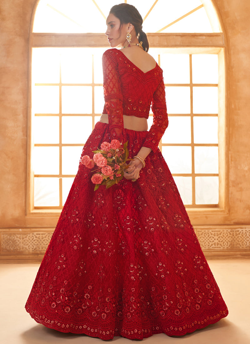 Red Net Thread Work Wedding Lehenga Choli Set