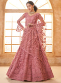 Peach net designer lehenga with elaborate embroidery