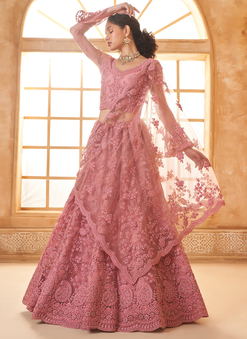 Peach Net Thread Work Wedding Lehenga Set