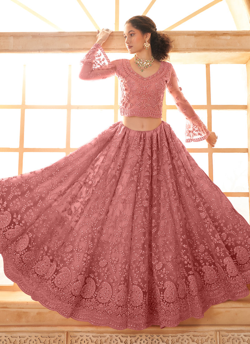 Peach Net Thread Work Wedding Lehenga Set
