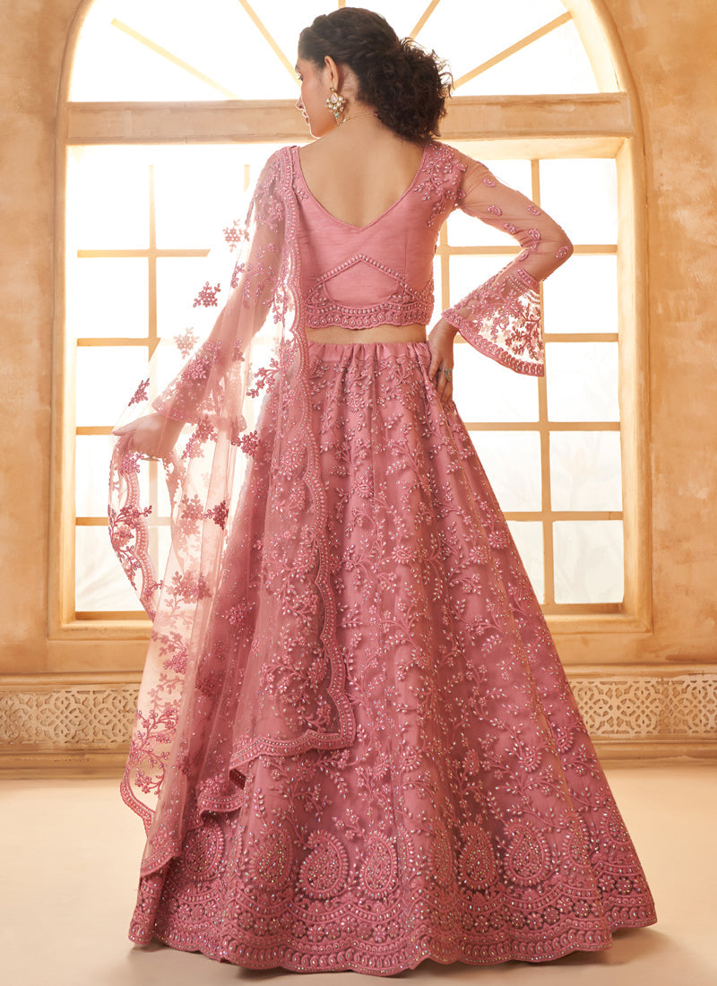 Peach Net Thread Work Wedding Lehenga Set