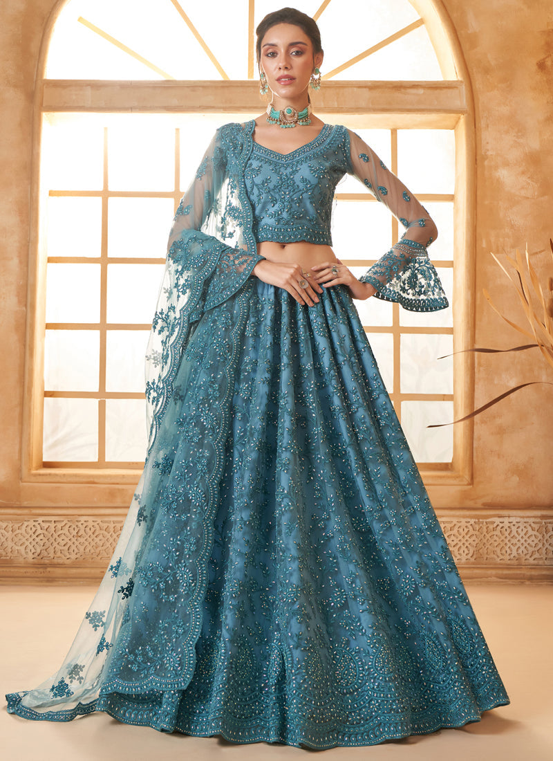 Aqua Blue net wedding lehenga with intricate thread work embroidery