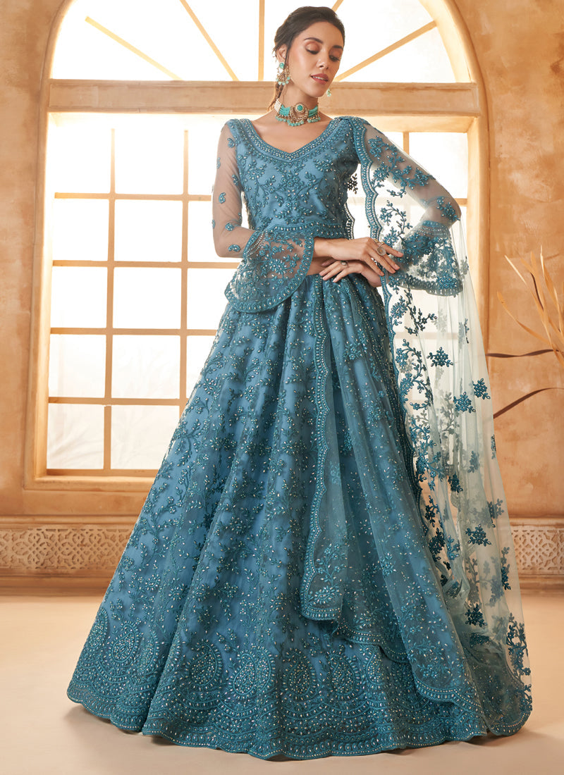 Aqua Blue Net Thread Work Wedding Lehenga Choli Set