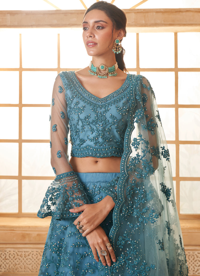 Aqua Blue Net Thread Work Wedding Lehenga Choli Set