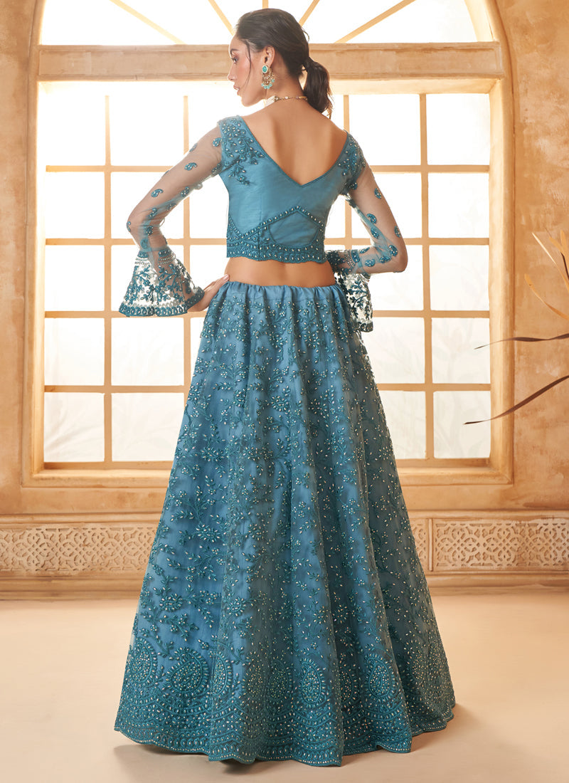 Aqua Blue Net Thread Work Wedding Lehenga Choli Set