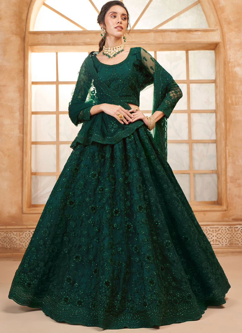 Elegant green net wedding lehenga with intricate thread work