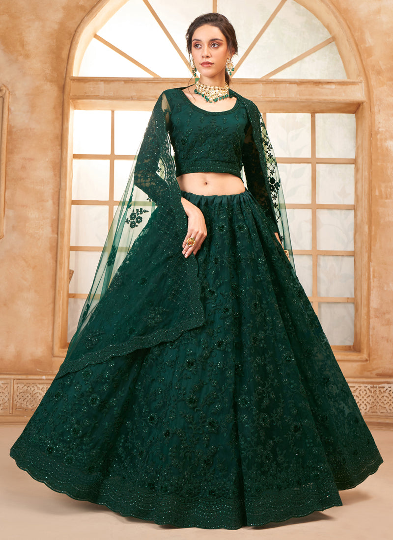 Green Net Thread Work Wedding Lehenga Set