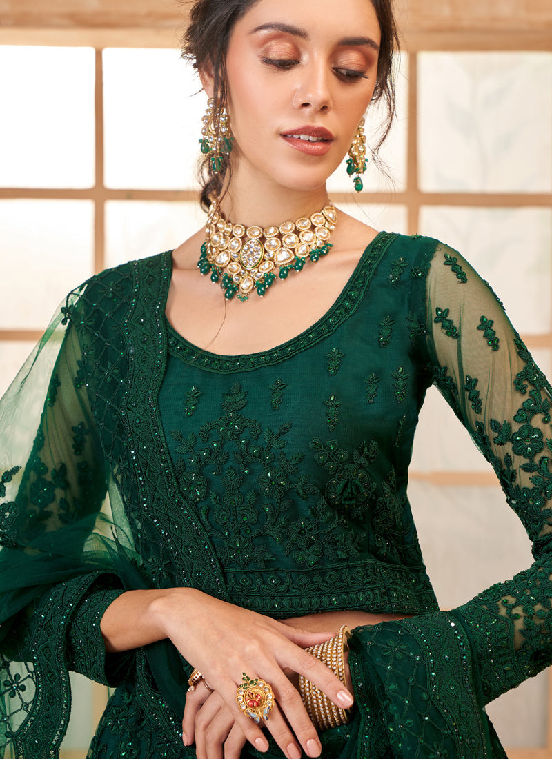 Green Net Thread Work Wedding Lehenga Set