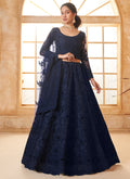 Beautiful blue net wedding lehenga with detailed thread work embroidery and matching dupatta