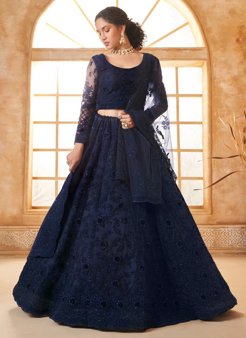 Blue Net Thread Work Wedding Lehenga Set with Embroidered Choli