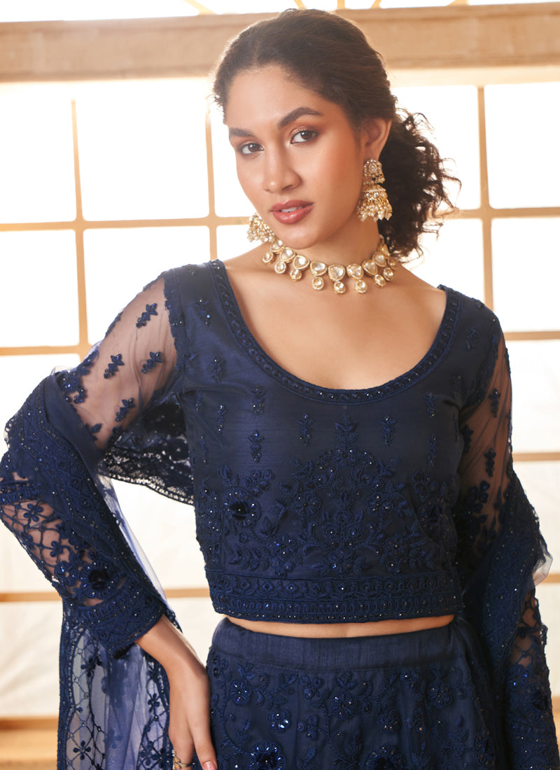 Blue Net Thread Work Wedding Lehenga Set with Embroidered Choli