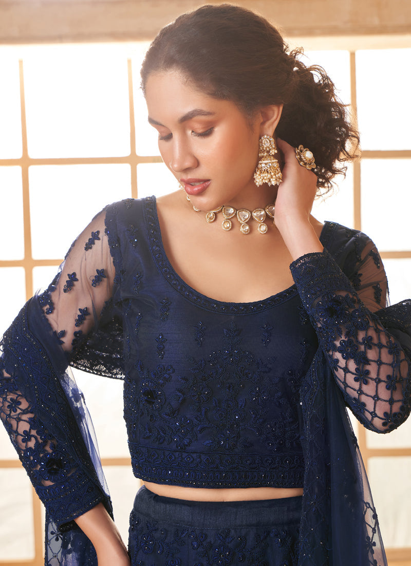 Blue Net Thread Work Wedding Lehenga Set with Embroidered Choli