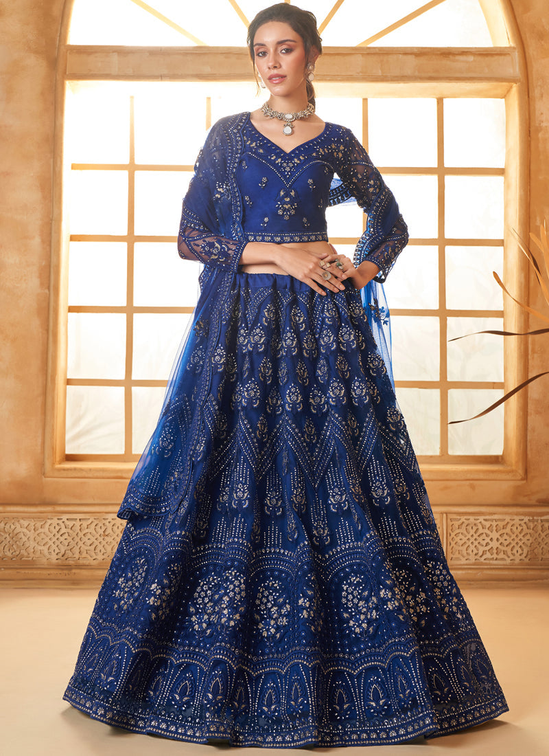 Blue Net Thread Work Wedding Lehenga Set