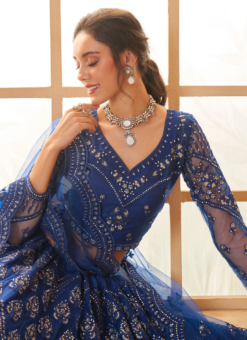 Blue Net Thread Work Wedding Lehenga Set