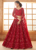 Red net wedding lehenga with heavy thread work embroidery and matching dupatta