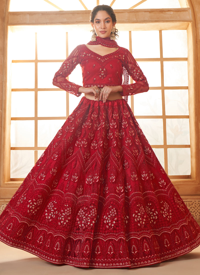 Red Net Thread Work Wedding Lehenga Choli Set