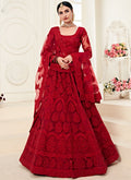 Elegant red net wedding lehenga with heavy embroidery and stonework