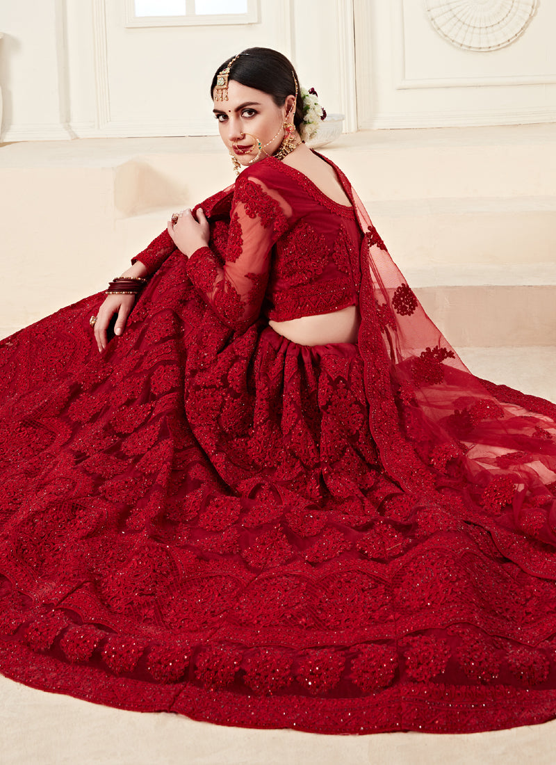 Red Embroidered Net Wedding Lehenga Set with Intricate Stonework
