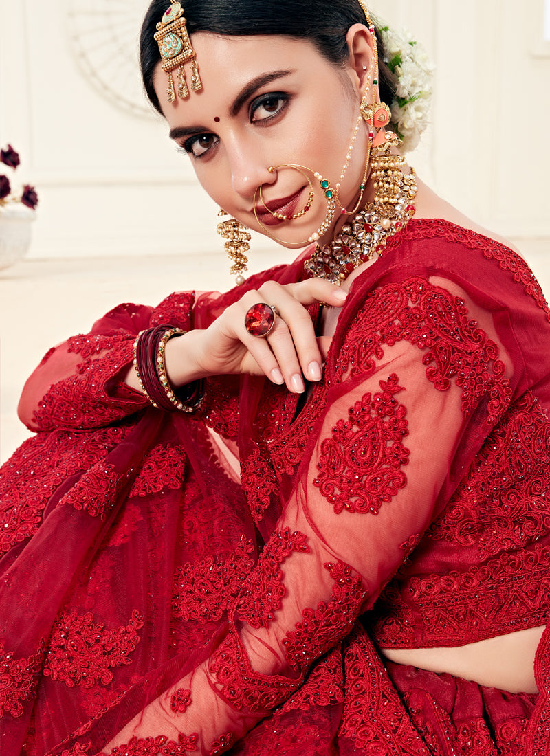 Red Embroidered Net Wedding Lehenga Set with Intricate Stonework