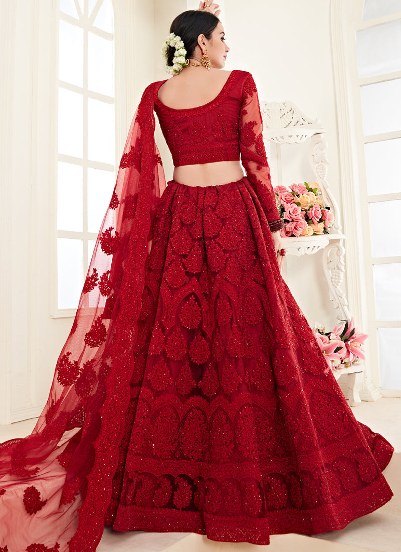 Red Embroidered Net Wedding Lehenga Set with Intricate Stonework