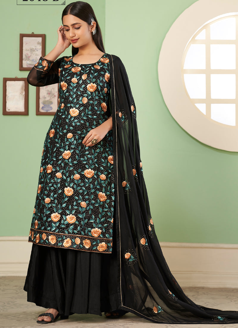 Vegaa Fashion Black Georgette Embroidery Designer Sharara Suit