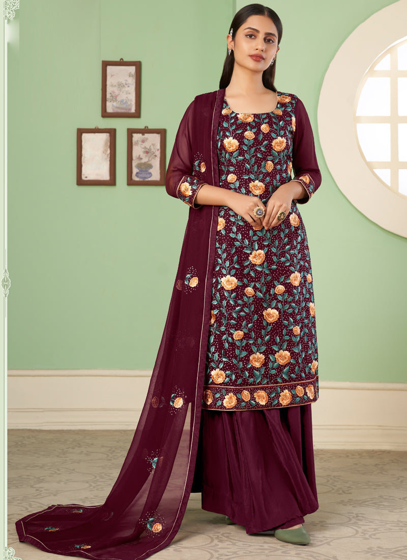 Maroon Georgette A-Line Sharara Suit with Embroidery Detailing