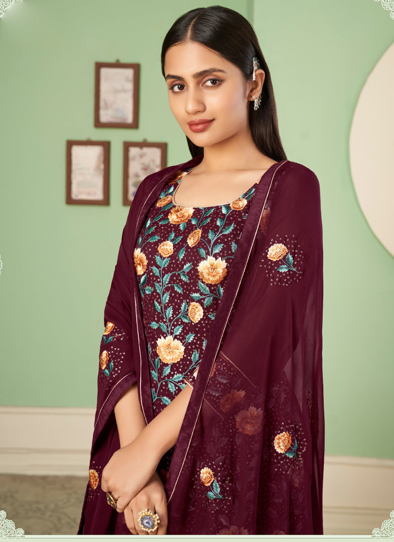 Maroon Georgette A-Line Sharara Suit with Embroidery Detailing