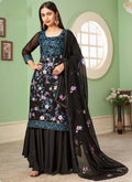 Black Georgette Sharara Suit with embroidery and A-line kurta top.