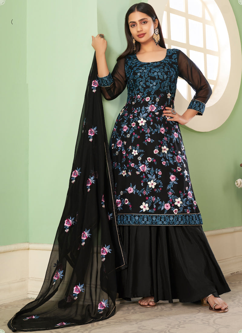 Black Georgette Sharara Suit with Designer Embroidery