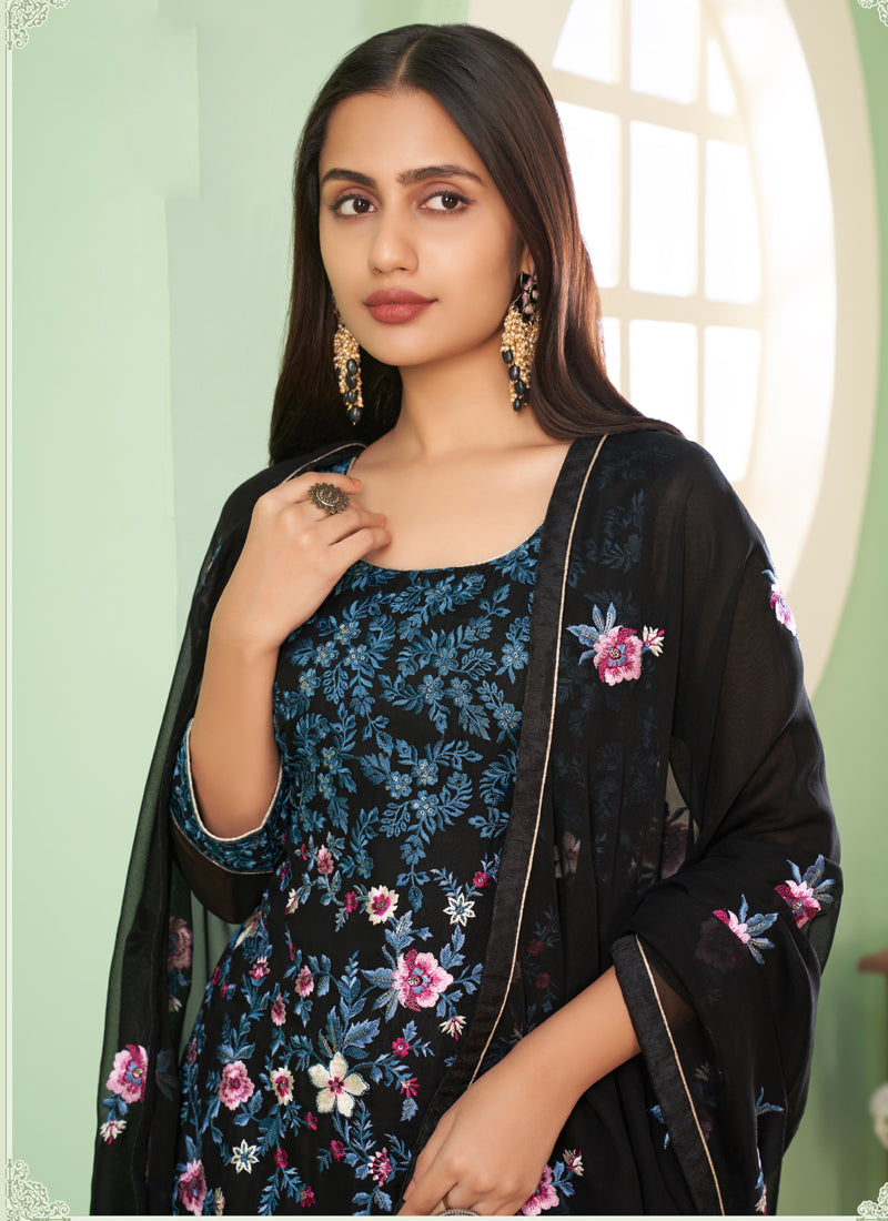 Black Georgette Sharara Suit with Designer Embroidery