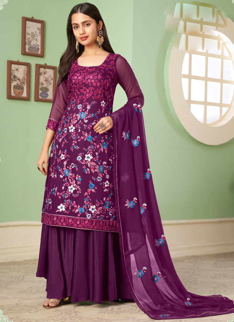 Violet Floral Embroidered Chiffon Sharara Suit Set