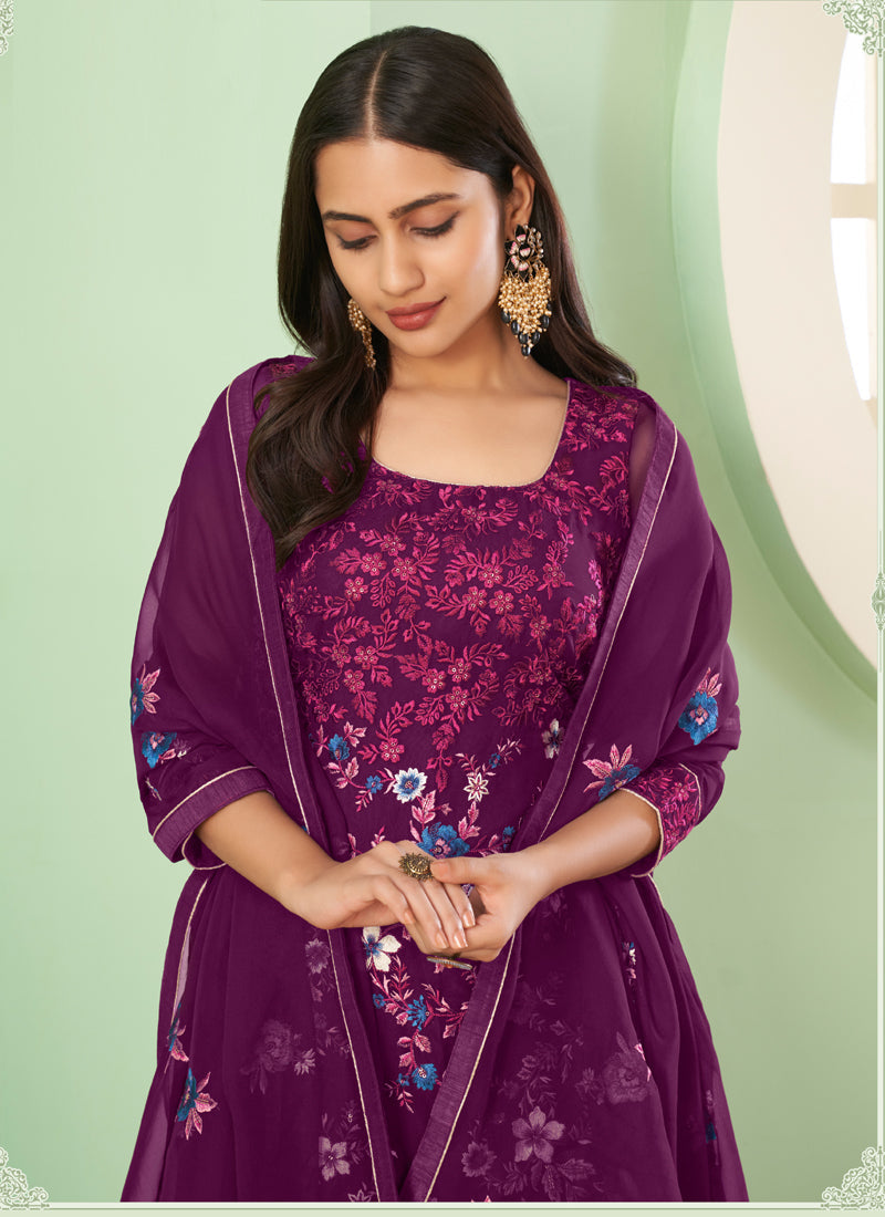 Violet Floral Embroidered Chiffon Sharara Suit Set
